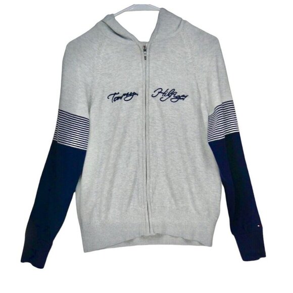 Tommy Hilfiger Women Cardigan Full Zip Hood Sweater L Spellout Colorblock preppy - Picture 1 of 8